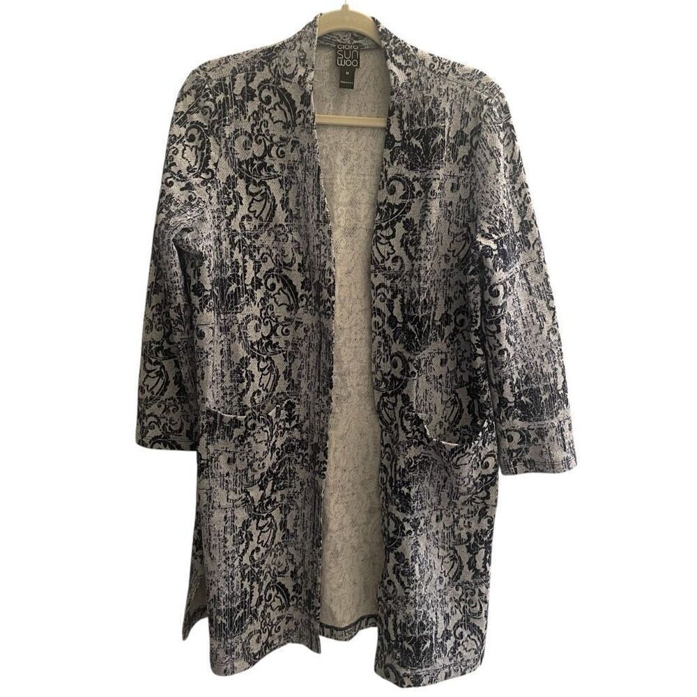 Clara Sun Woo Women’s Long Cardigan Medium Navy Blue Print Pockets Longline USA